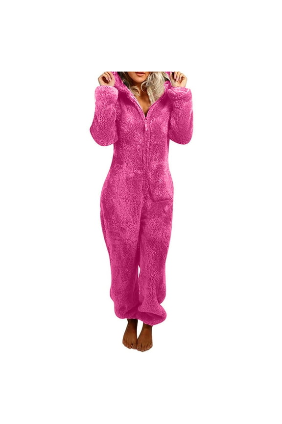 Gpaecead 2024 Womens Cartoon Bear Onesise Sleepwear Cute Fuzzy Warm Sherpa Fleece Hooded Romper Playsuit Loungewear Hot Pink