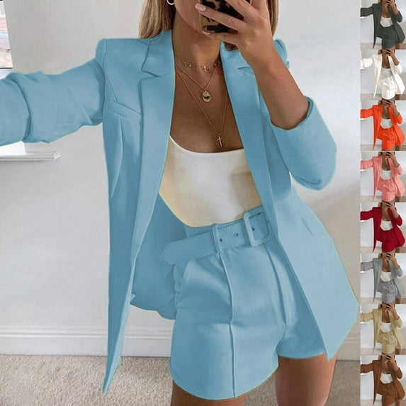 Lovskoo 2024 Womens Casual Blazers Open Front Crop Blazer Jacket Business Attire Solid Long Sleeve Suit Lapel Collar Slim Cardigan Coat Gray