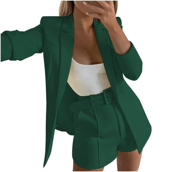 Lovskoo 2024 Womens Casual Blazers Open Front Crop Blazer Jacket Business Attire Solid Long Sleeve Suit Lapel Collar Slim Cardigan Coat Olive Green