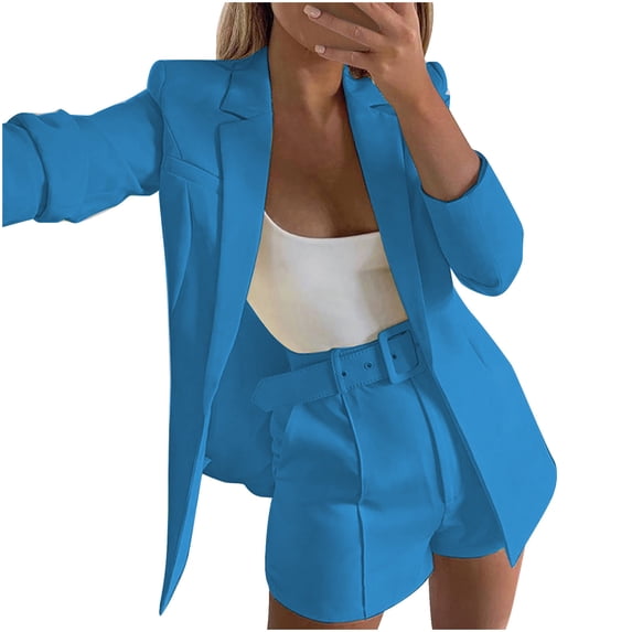 Lovskoo 2024 Womens Casual Blazers Open Front Crop Blazer Jacket Business Attire Solid Long Sleeve Suit Lapel Collar Slim Cardigan Coat Sky Blue