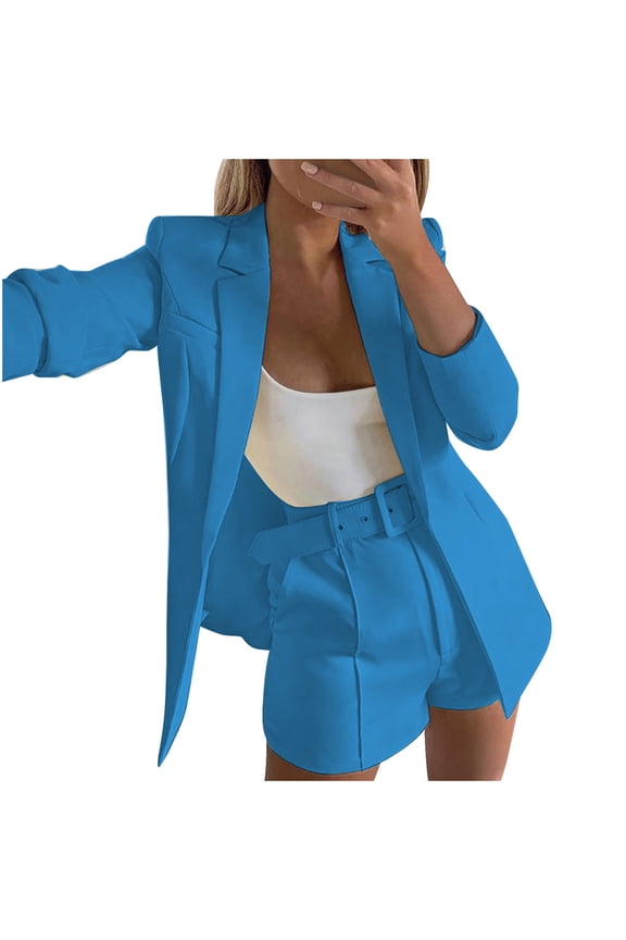 2024 Womens Casual Blazers Open Front Crop Blazer Jacket Business Attire Solid Long Sleeve Suit Lapel Collar Slim Cardigan Coat Sky Blue