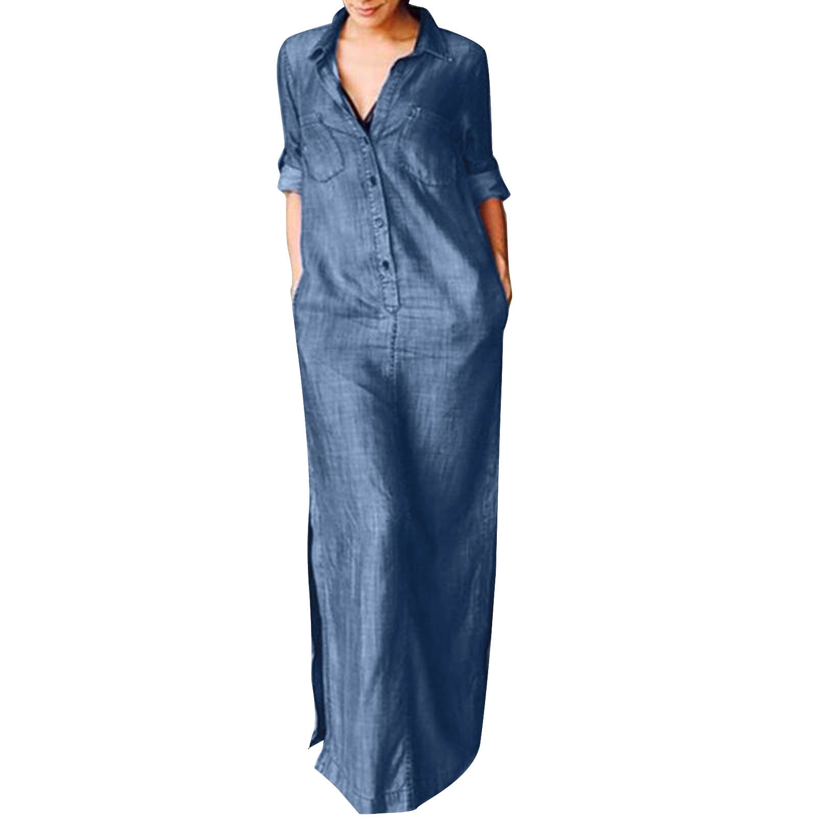 Lovskoo 2024 Womens Casual Button Down Denim Maxi Dress Lapel Long Sleeve Long  Jean Dresses with Pockets Light Blue - Walmart.com