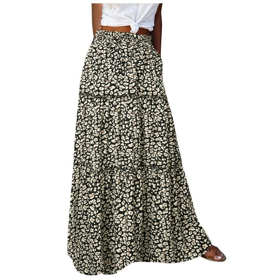 Lovskoo 2024 Womens Casual High Waist Tiered Boho Print Long Maxi Skirt with Pockets Black L