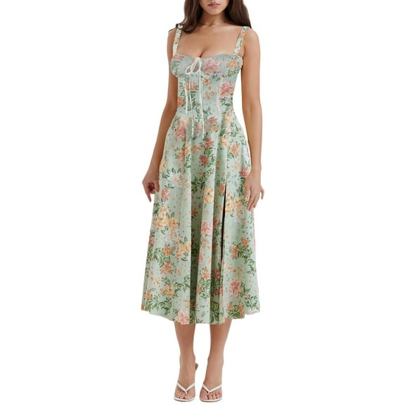 Lovskoo 2024 Womens Corset Dress Elegant Spaghetti Strap Midi Dress Flowy Pleated Boho Floral A-Line Midi Dress Green L
