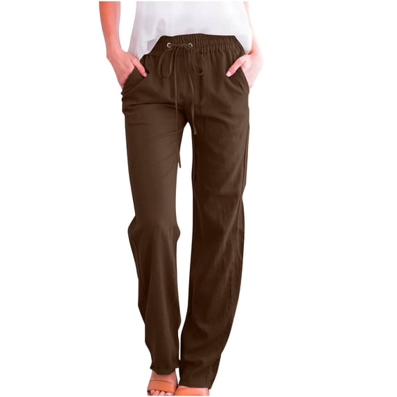 Lovskoo Womens Cotton Linen Pants Drawstring High Waisted Straight Leg Causal Lounge Pants with Pockets Brown 2XL