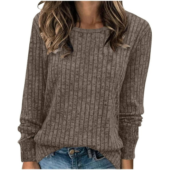 Lovskoo Women's Tops Ribbed Knit Long Sleeve Comfy Crewneck Shirts Casual Loose Sweatshirts Tunic Khaki