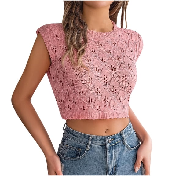 Lovskoo 2024 Womens Crochet Sleeveless Crop Tops Summer Trendy Y2K Going Out Crew Neck Slim Knit Cropped Sweater Vest Tank Top Pink S