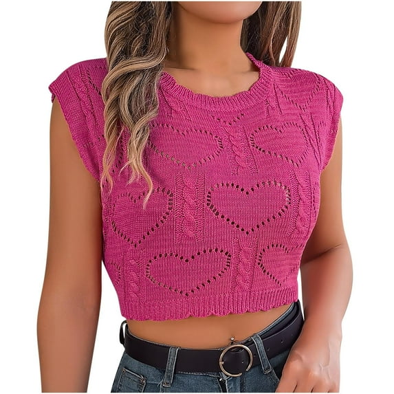Lovskoo 2024 Womens Crochet Sleeveless Crop Tops Summer Trendy Y2K Going Out Round Neck Slim Knit Cropped Sweater Vest Tank Top Hot Pink S