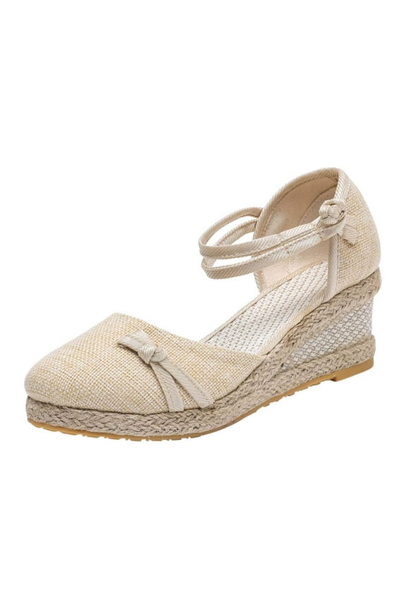 2024 Womens Espadrilles Wedge Sandals Platform Round Toe Closed Toe Ankle Strap Lace Up Summer Shoes Beige