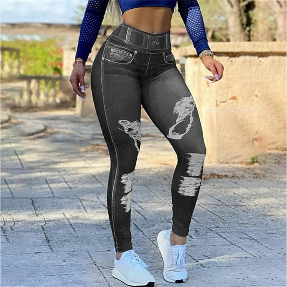 Lovskoo 2024 Womens Faux Denim Scrunch Yoga Pants Oversized Printed Workout Leggings Butt Lifting Yoga Pants Gray