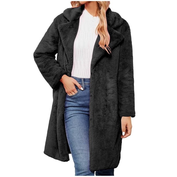 Lovskoo 2024 Womens Faux Fur Coat Long Sleeve Winter Warm Notch Lapel Long Jacket Solid Color Overcoat Outwear With Pockets Black