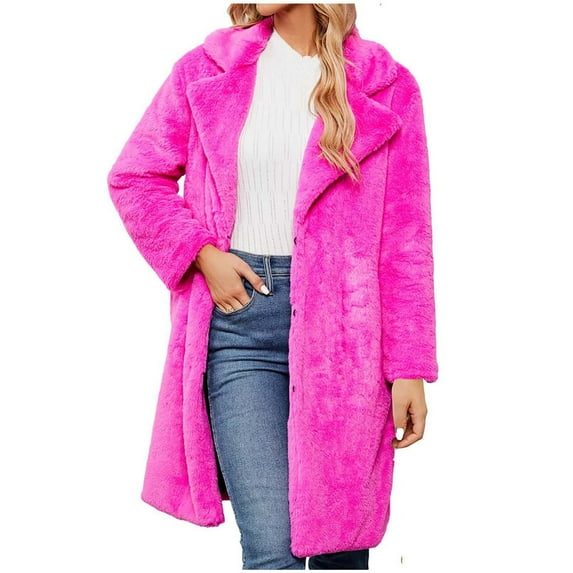 Lovskoo 2024 Womens Faux Fur Coat Long Sleeve Winter Warm Notch Lapel Long Jacket Solid Color Overcoat Outwear With Pockets Hot Pink