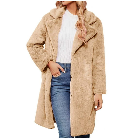 Lovskoo 2024 Womens Faux Fur Coat Long Sleeve Winter Warm Notch Lapel Long Jacket Solid Color Overcoat Outwear With Pockets Khaki