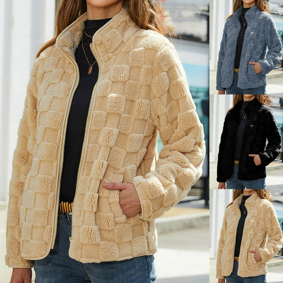 Lovskoo 2024 Womens Full Zip Up Fuzzy Fleece Jacket Winter Stand Collar Casual Solid Long Sleeve Zipper Plush Warm Outerwear Coat Beige