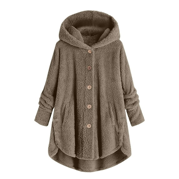 Lovskoo 2024 Womens Full Zip Up Hoodie Fuzzy Fleece Jacket Plus Size Button Plush Tops Hooded Loose Cardigan Fluffy Coat Winter Jacket Khaki