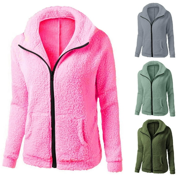 Lovskoo 2024 Womens Full Zip Up Hoodie Fuzzy Fleece Jacket Solid Color Lapel Collar Outerwear Long Sleeve Hooded Casual Coat/Jacket Green
