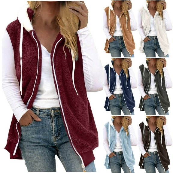 Lovskoo 2024 Womens Fuzzy Fleece Vest Cozy Sleeveless Winter Warm Vests with Pocket Zip Up Hooded Waistcoat Outerwear Dark Gray