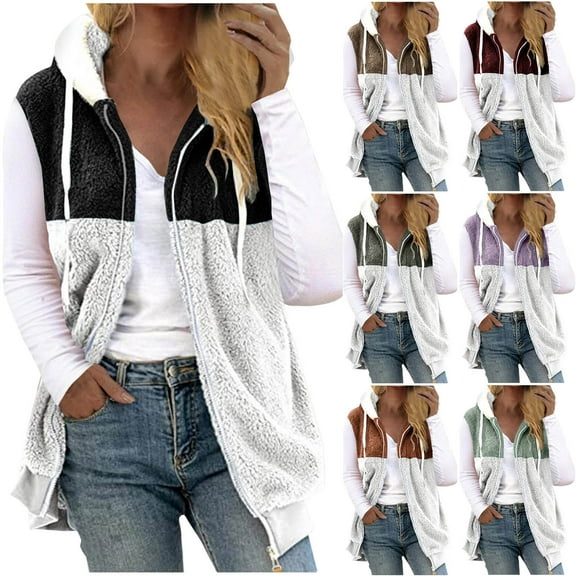 Lovskoo 2024 Womens Fuzzy Fleece Vest Cozy Sleeveless Winter Warm Vests with Pocket Zip Up Hooded Waistcoat Outerwear Green
