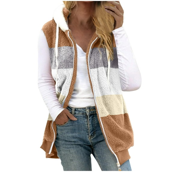 Lovskoo 2024 Womens Fuzzy Fleece Vest Cozy Sleeveless Winter Warm Vests with Pocket Zip Up Hooded Waistcoat Outerwear Khaki