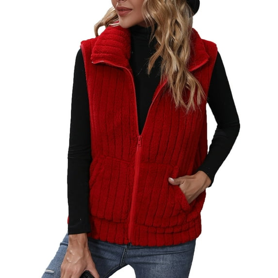 Lovskoo 2024 Womens Fuzzy Sherpa Fleece Jacket Lightweight Vest Cozy Sleeveless Cardigan Stand Collar Zipper Waistcoat Outerwear With Pocket Red