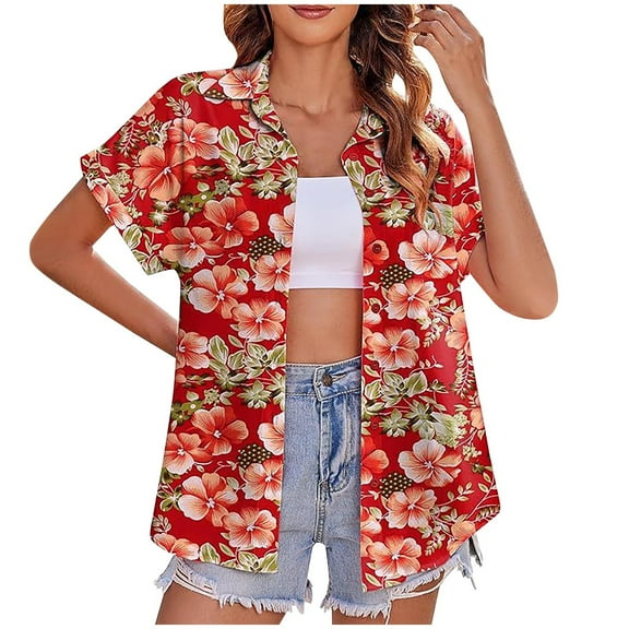 Lovskoo 2024 Womens Hawaiian Shirts Button Up Casual Floral Tropical Shirt Summer Beach Shirt Cool Short Sleeve Blouse Tops Red M