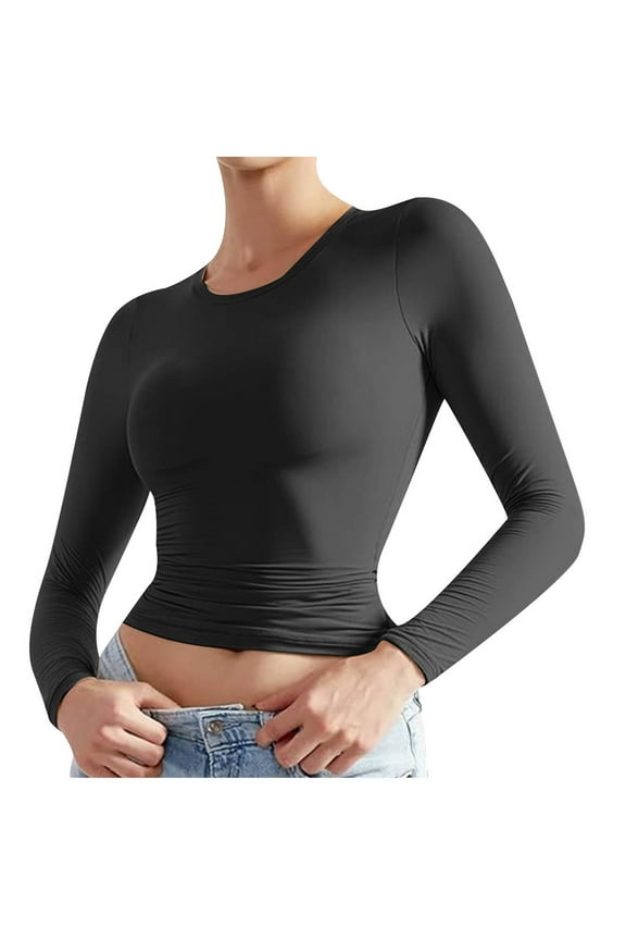 2024 Womens Long Sleeve Shirts Basic Tops Underscrubs Solid Color Round Neck T-Shirt Bottoming Top Black