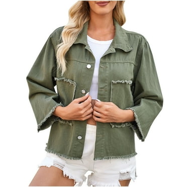 Lovskoo 2024 Womens Long Sleeve Short Denim Jacket Lapel Button Down Cropped Trucker Jean Jackets Coats Olive Green
