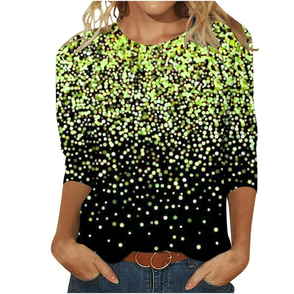 Lovskoo 2024 Womens Long Sleeve Tops 3/4 Sleeves Round Neck Casual Shirts Pullover Loose Tunic Tops Print Blouse Mint Green