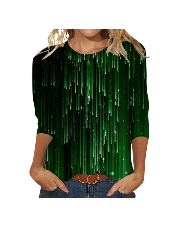 Womens Long Sleeve Tops Loose Mid-Length 3/4 Sleeve Bright Glitter Printed Round Neck Top T-Shirt Green