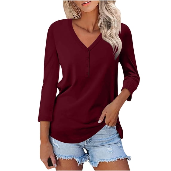 Lovskoo 2024 Womens Long Sleeve Tops Spring Solid Color Skinny Bottom Shirt Solid Color V-Neck Seven Sleeve Top Burgundy