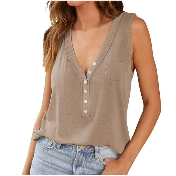 Lovskoo 2024 Womens Loose Knit Tank Tops V Neck Henley Shirts Blouse Sleeveless Button Down T Shirts Sweater Tops Khaki M