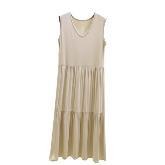 Lovskoo 2024 Womens Nightgowns Cotton Sleepwear V Neck Ruffled Sleep Shirt Sleeveless Nightshirt Solid Color Sleepshirt Silver