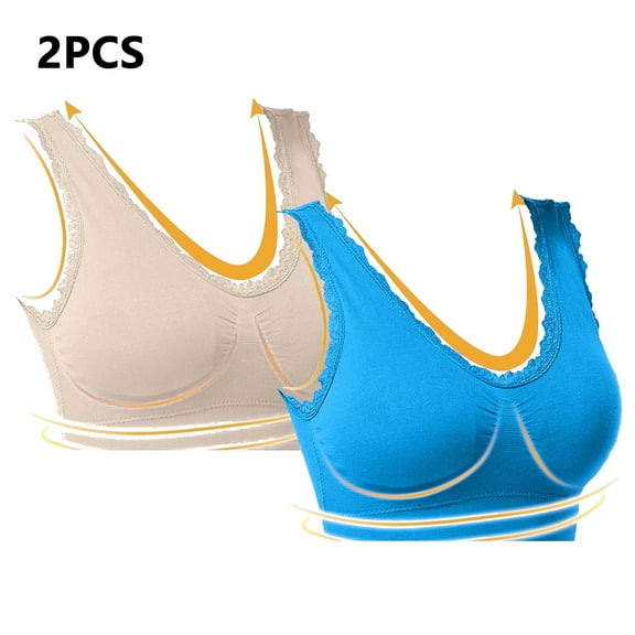 Lovskoo 2Pc Women's Sports Bra Lace Cami Bra Wireless Tank Top Bra Comfortable Everyday Bras For Women Leisure Beige