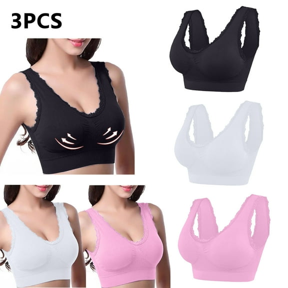Lovskoo 3Pc Women's Sports Bra Lace Cami Bra Wireless Tank Top Bra Comfortable Everyday Bras For Women Leisure Pink