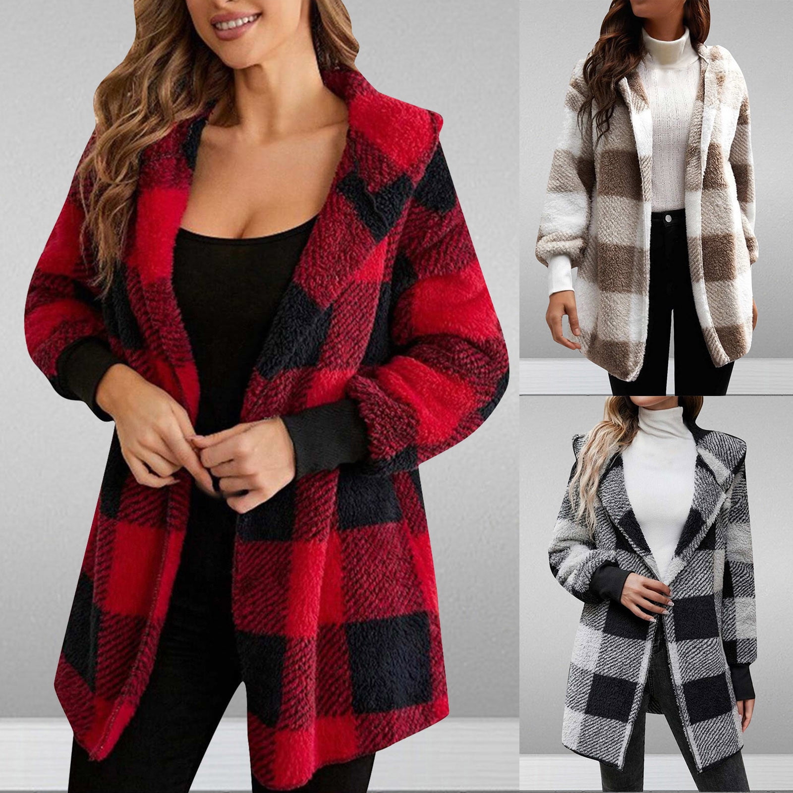 SOLY HUX Women's Plus Size Plaid Cardigan - Fuzzy Fleece Open Front Coat For Fall & Winter