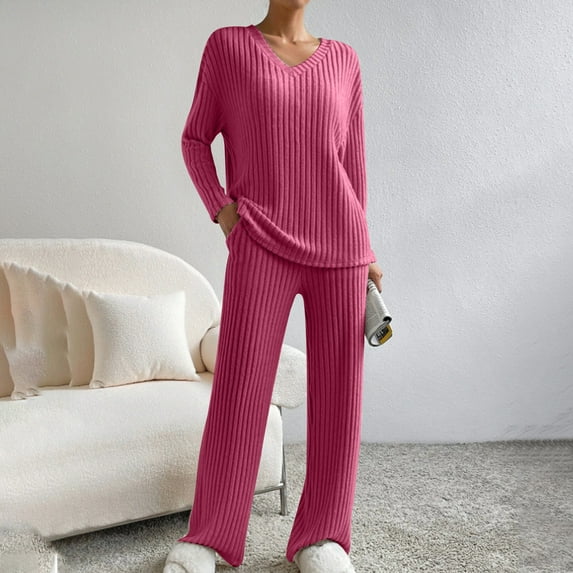 Lovskoo Women's 2 Piece Outfit Set Long Sleeve Pullover Sweater Top and Wide Leg Pants Knit Sweatsuit Matching Sets Women Clothing Hot Pink L