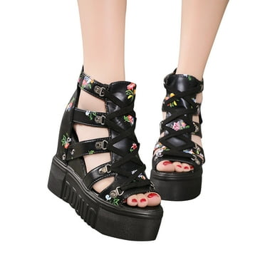 Lovskoo 2024 Womens Platform Ankle Boots Chunky High Heel Booties Strappy Boho Open Toe Hollow Out Wedges Booties Black