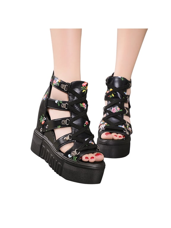 Womens Platform Ankle Boots Chunky High Heel Booties Strappy Boho Open Toe Hollow Out Wedges Booties Black