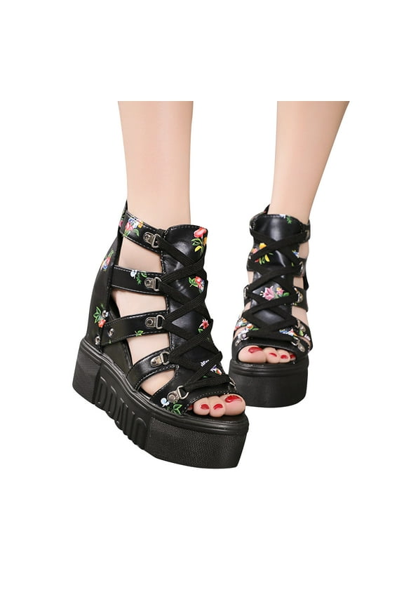 2024 Womens Platform Ankle Boots Chunky High Heel Booties Strappy Boho Open Toe Hollow Out Wedges Booties Black