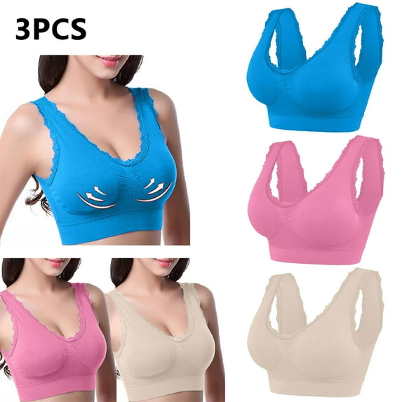 Lovskoo 3Pc Women's Sports Bra Lace Cami Bra Wireless Tank Top Bra Comfortable Everyday Bras For Women Leisure Hot Pink