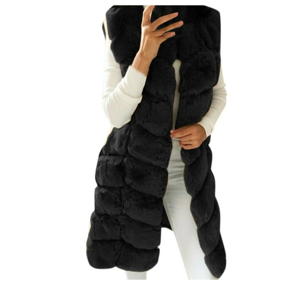 Lovskoo 2024 Womens Plus Size Faux Fur Gilet Vest Sleeveless Waistcoat Open Front Winter Body Warmer Jacket Coat Outwear Cardigan Long Gilet Black S