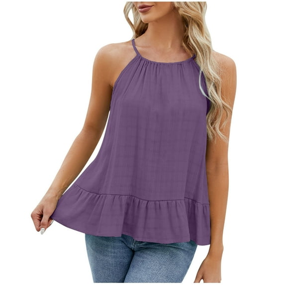 Lovskoo 2024 Womens Ruffle Tiered Babydoll Tank Tops Summer Halter Neck Sleeveless Tops Casual Loose Flowy Swing Shirt Purple M