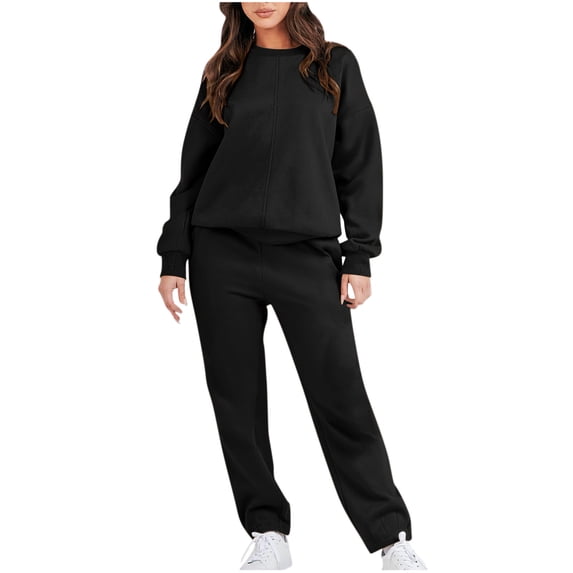 Lovskoo 2024 Womens Sets 2 Piece Outfits Crewneck Sweatshirt Long Sleeve Casual Crew Neck Pullover Pants Tracksuit Suit Black