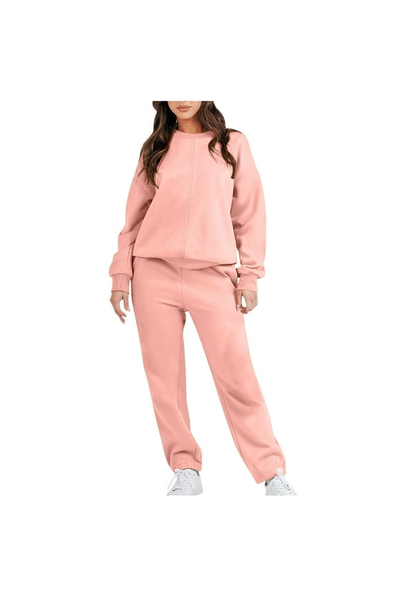 2024 Womens Sets 2 Piece Outfits Crewneck Sweatshirt Long Sleeve Casual Crew Neck Pullover Pants Tracksuit Suit Pink