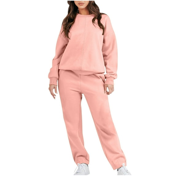 Lovskoo 2024 Womens Sets 2 Piece Outfits Crewneck Sweatshirt Long Sleeve Casual Crew Neck Pullover Pants Tracksuit Suit Pink