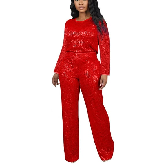 Lovskoo Women's Sparkly Sequin T-Shirt and Pants Set Crewneck Long Sleeve Top Straight Leg Trouser Club Outfits Red