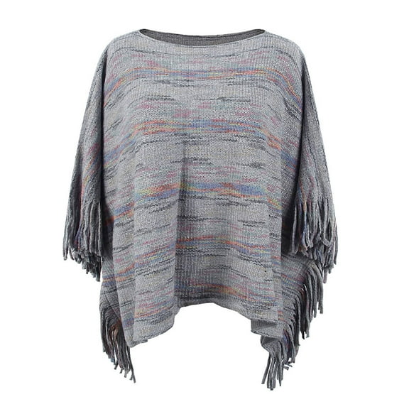 Lovskoo 2024 Womens Shawl Cloak Sweater Round Neck Knitted Pullover Wraps Capes With Fringes Gifts for Women Mom Gray