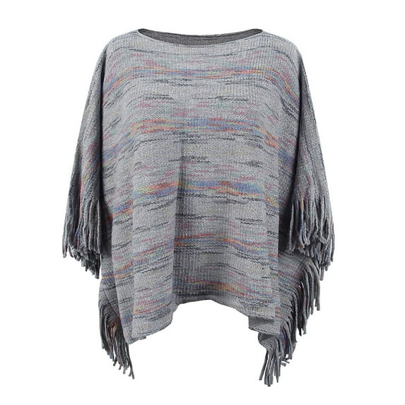 Lovskoo 2024 Womens Shawl Cloak Sweater Round Neck Knitted Pullover Wraps Capes With Fringes Gifts for Women Mom Gray