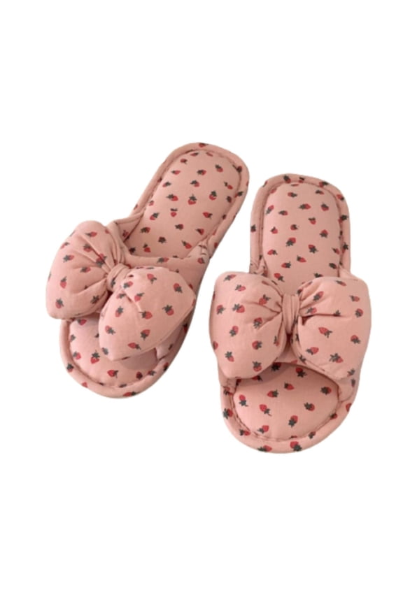 2024 Womens Slippers Open Toe Slip On Shoes Cute Strawberry Linen Bow Slippers Indoor Home Flat Bottom Indoor and Outdoor Floor Mute Slippers Pink