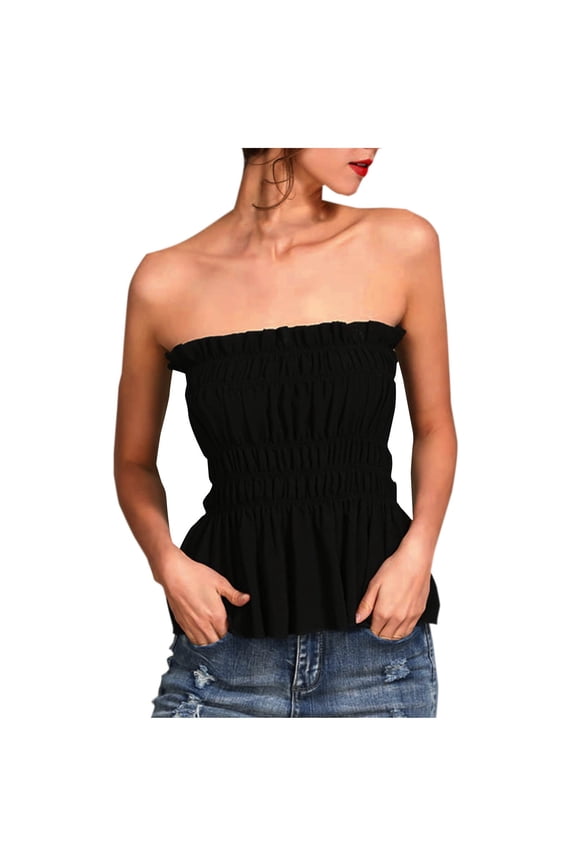 Womens Strapless Smocked Tube Top Soft Stretchy Pleated Peplum Bandeau Blouse Tank Frill Shirred Ruffle Hem Sleeveless Summer Y2K Tops Black L